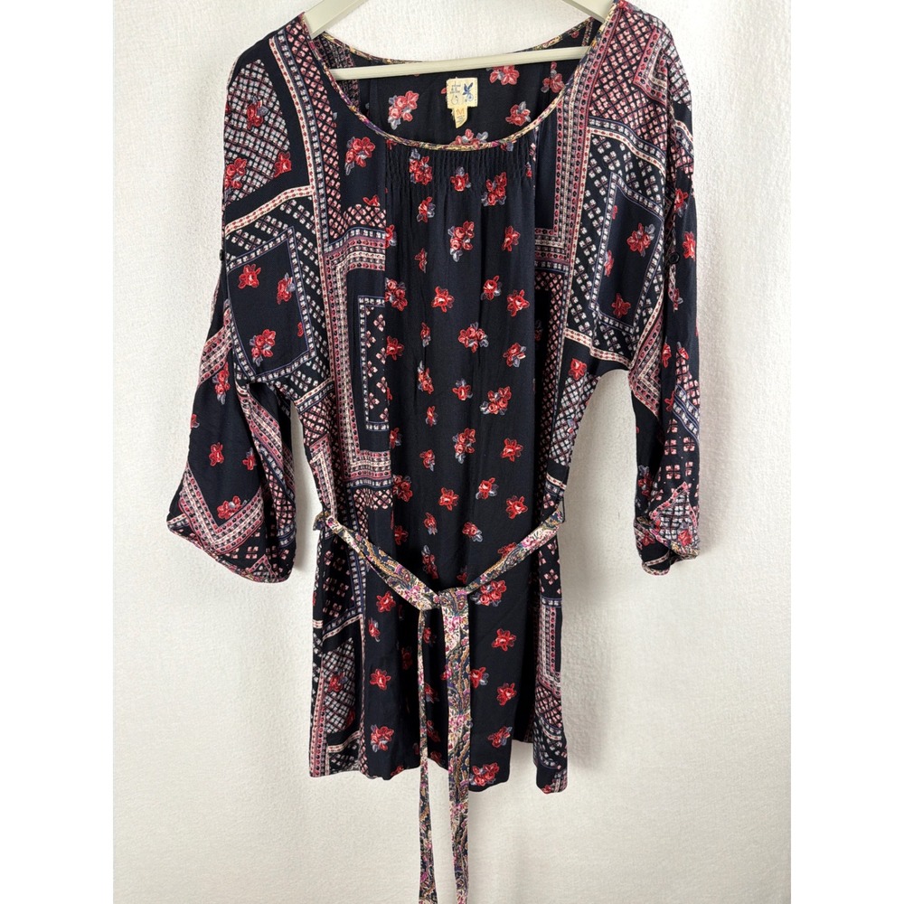 Edme & Esyllte Anthropologie Floral Patchwork Tunic Top Dress Belted Navy Red M